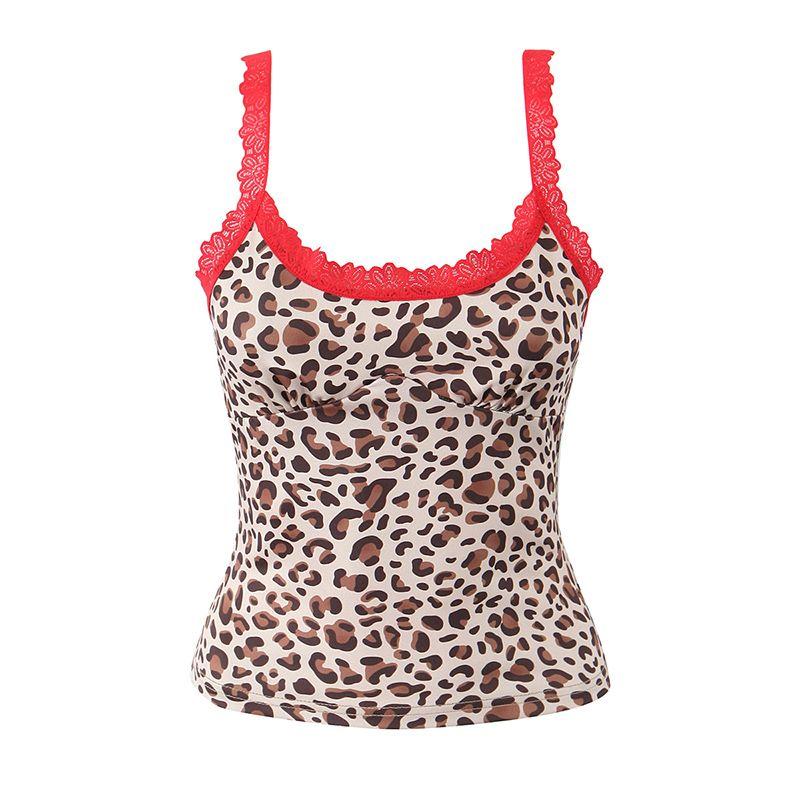 MY SASSY GIRL American vintage Sexy Leopard Print Lace Stitching Cami Sleeveless Gyaru Slim fit Small Top
