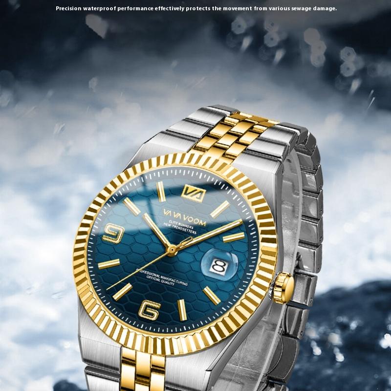VA VA VOOM Men's Business Steel Belt Watch Honeycomb Texture Waterproof Luminous Watch High Value Calendar Watch