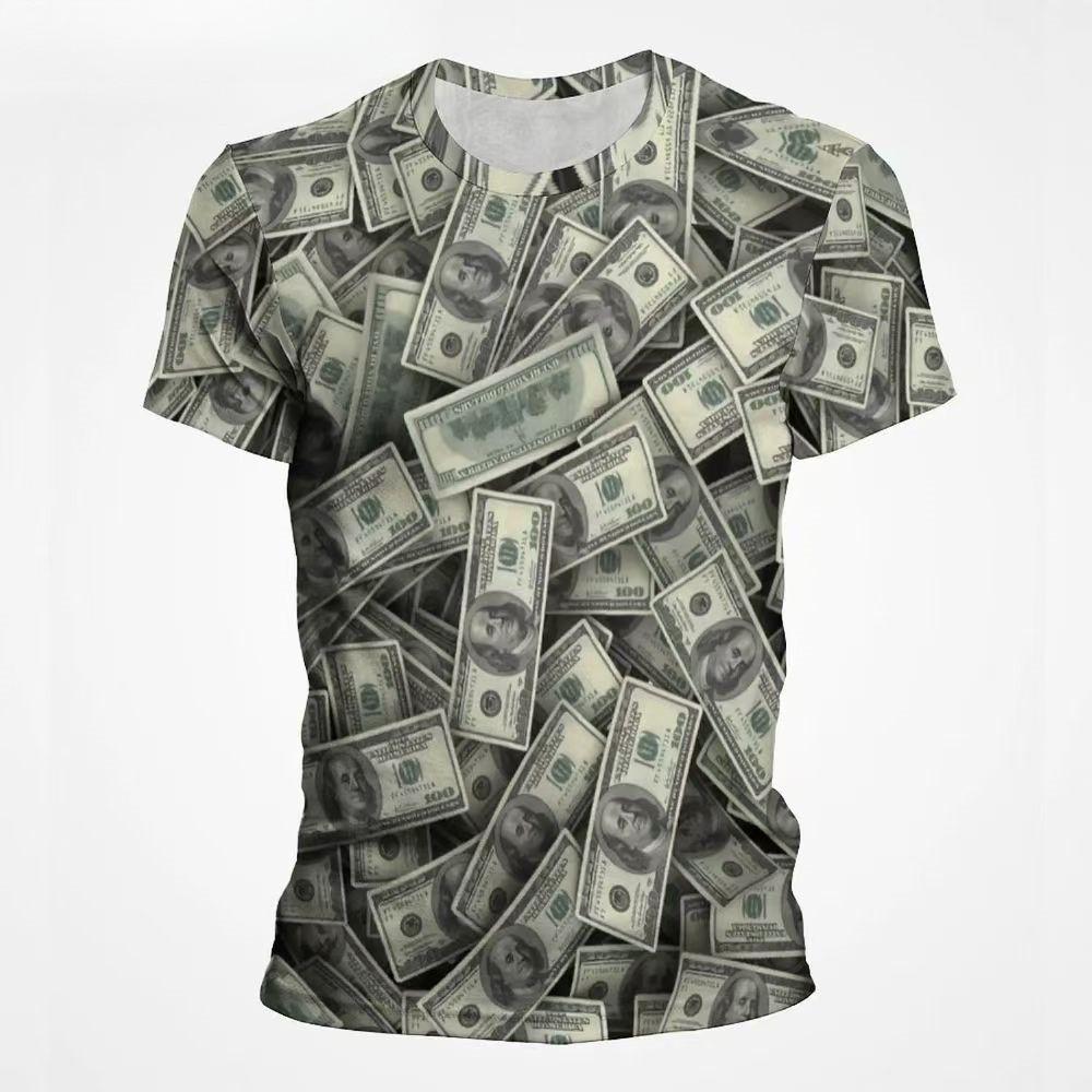 Summer Men's Round Neck Short Sleeved T-shirt Comfortable Fashionable Breathable Sweat Absorbing Money Pattern 3D Printed Loose Large T-shirt