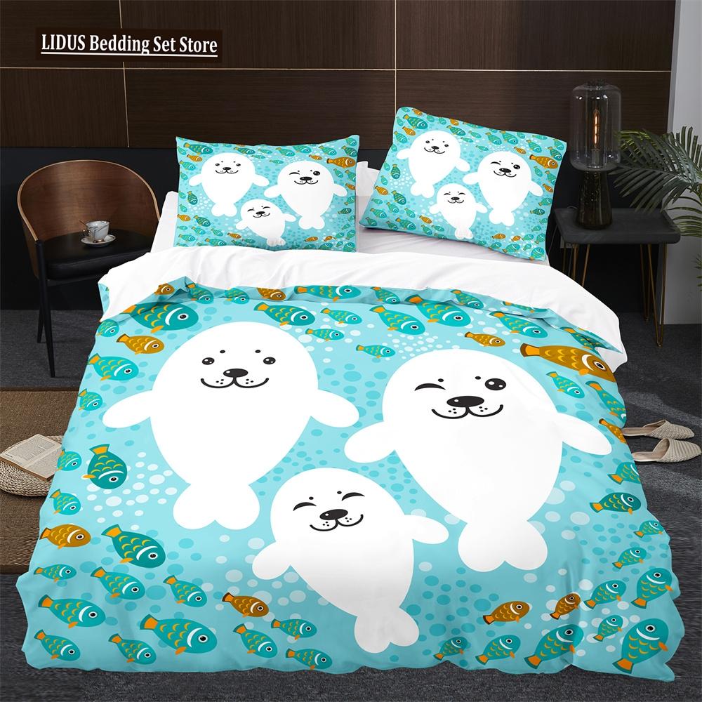 Sea Lion Duvet Cover King Queen Size Lovely Ocean Animals Bedding Set For Kids Boys Girls Blue Sea Beach Polyester Quilt Cover