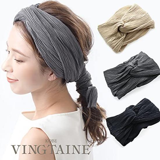 VINGTAINE Pleated Turban Hairband with Ribbon Perfect for Resort or Mature Beige Tie, Updos, HB-116-BE-