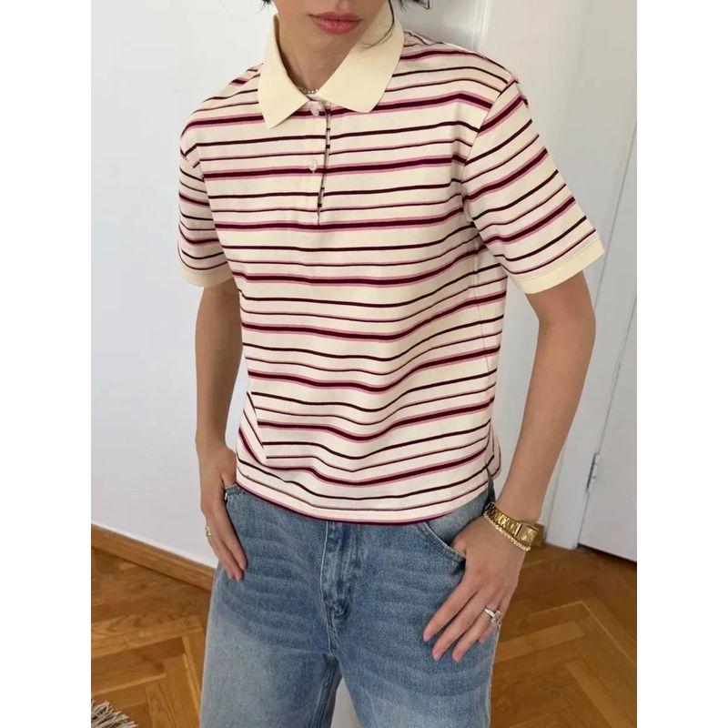 Western Style Fashion Casual Loose Stripe Short T-shirt Polo Shirt Fashion Striped Polo Shirt