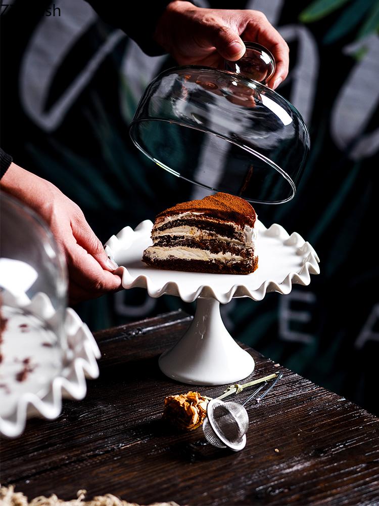 Keramik Kuchenständer Hohe Füße Kuchenplatte Obstschale Desserttisch Displayständer Glasabdeckung Hochzeitsfeier Dekoration Haushalt