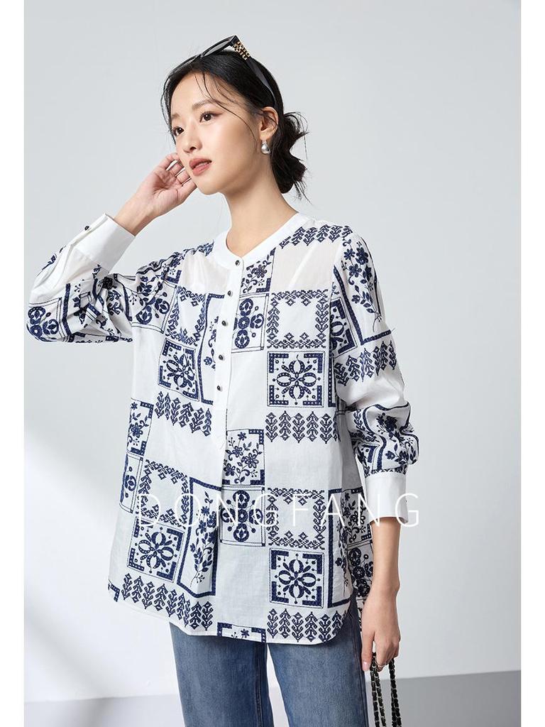 Ink Wash Silk Retro Print Shirt - Spring Slimming Henley Collar Cardigan Top