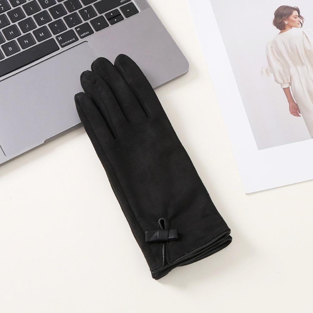 Velvet Winter Bow Suede Gloves Soft Women Cycling Mittens Cute Pu Leather Gloves  Outdoor