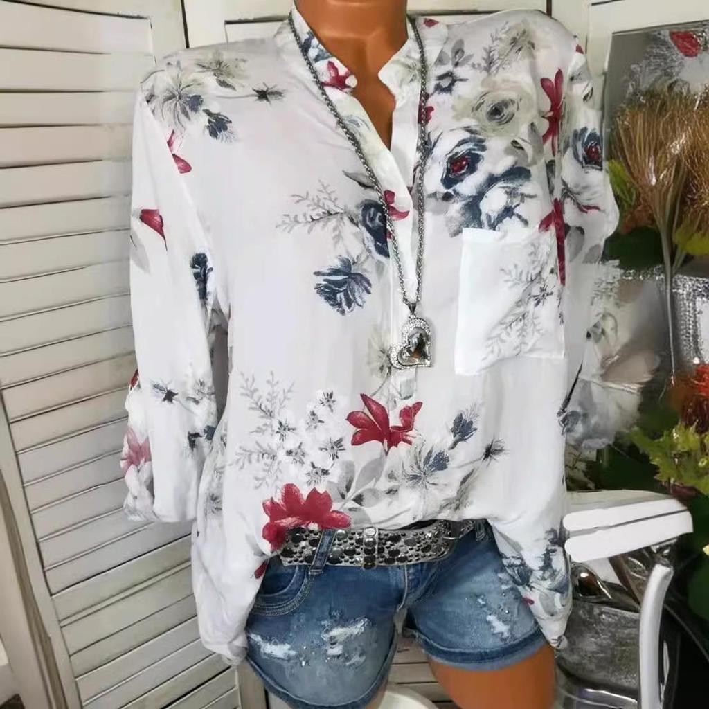 2023 Women's Lightweight French Collar Loose Fit Printed Long Sleeve Shirt