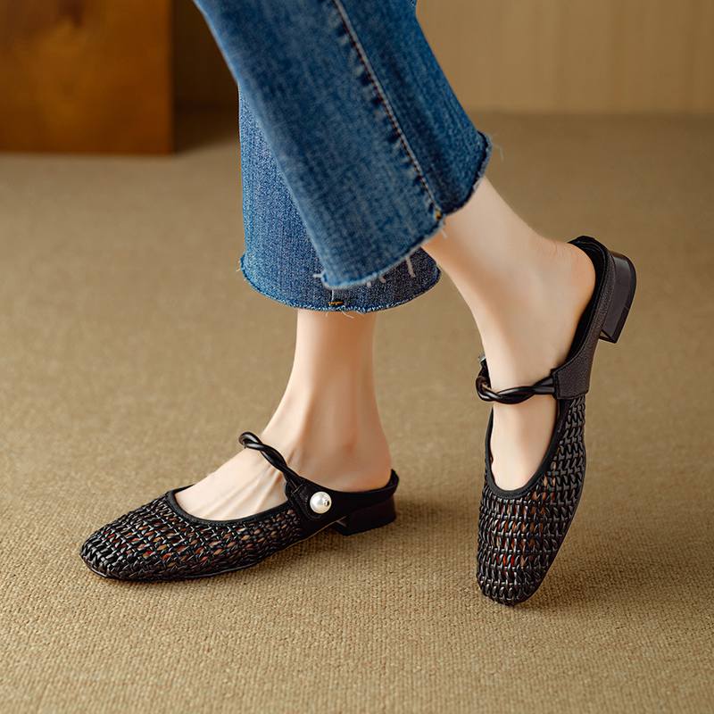 Krazing Pot Microfiber Mules Weaving Summer Size 41 Low Heels Pearl-studded Party Shoes Women Square Toe Gladiator Hollow Out Pumps