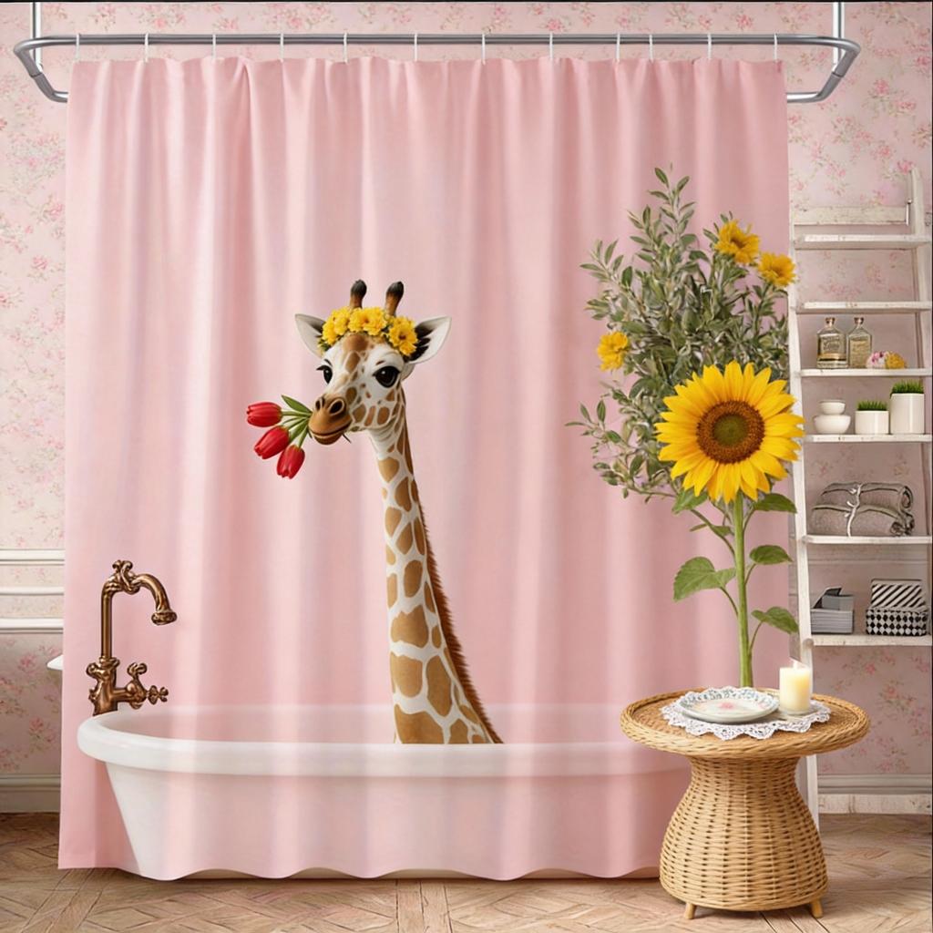 Giraffe Duschvorhang 180x180cm – Über die Wanne lugend, Waschmaschinenfest, 12 Haken Badezimmer dekorativer Duschvorhang