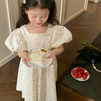 Girls Dress Polka Dot Puff Sleeve Tie Waist Princess Dress Summer Clothes Children Clothing Stylish Casual Design