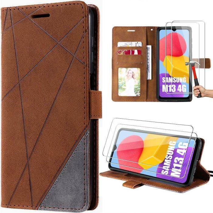 Coque pour Samsung Galaxy M13 avec 2 Verres Trempés, Effet Cuir Antichoc Intégral Marron
