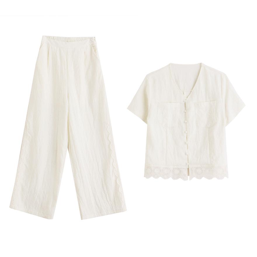 Fashion casual V-neck suit women's summer new celebrity temperament loose versatile lace splicing two-piece pants