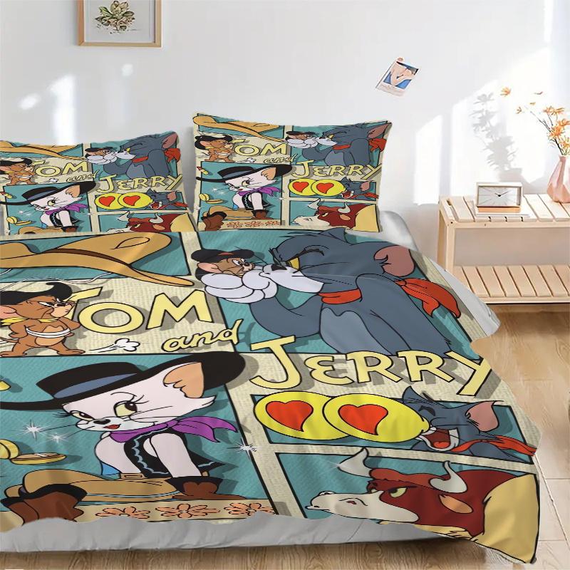 

3pcs Western Adventure Tom & Jerry Quilt Cover Set (1 Quilt Cover + 2 Pillowcases Without Pillow Core), High-Definition Printing for Home and Dormitor 135x200cm