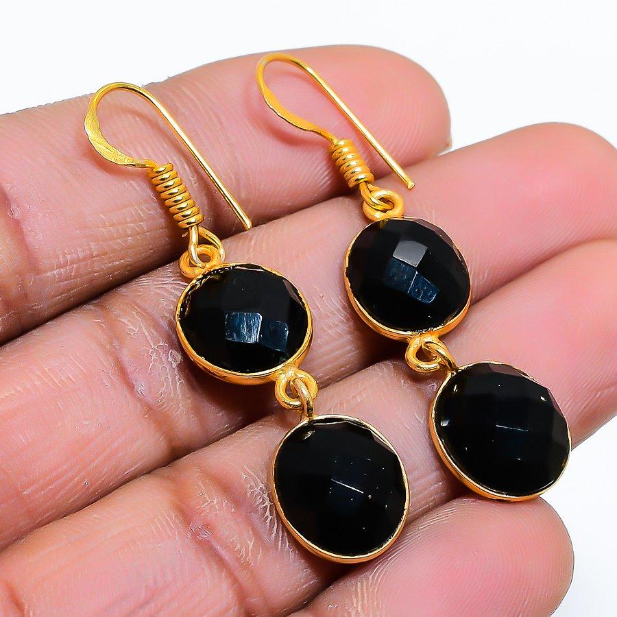 Black Spinel Gemstone Handmade 925 Sterling Silver Jewelry Earring 1.77" GK-4909
