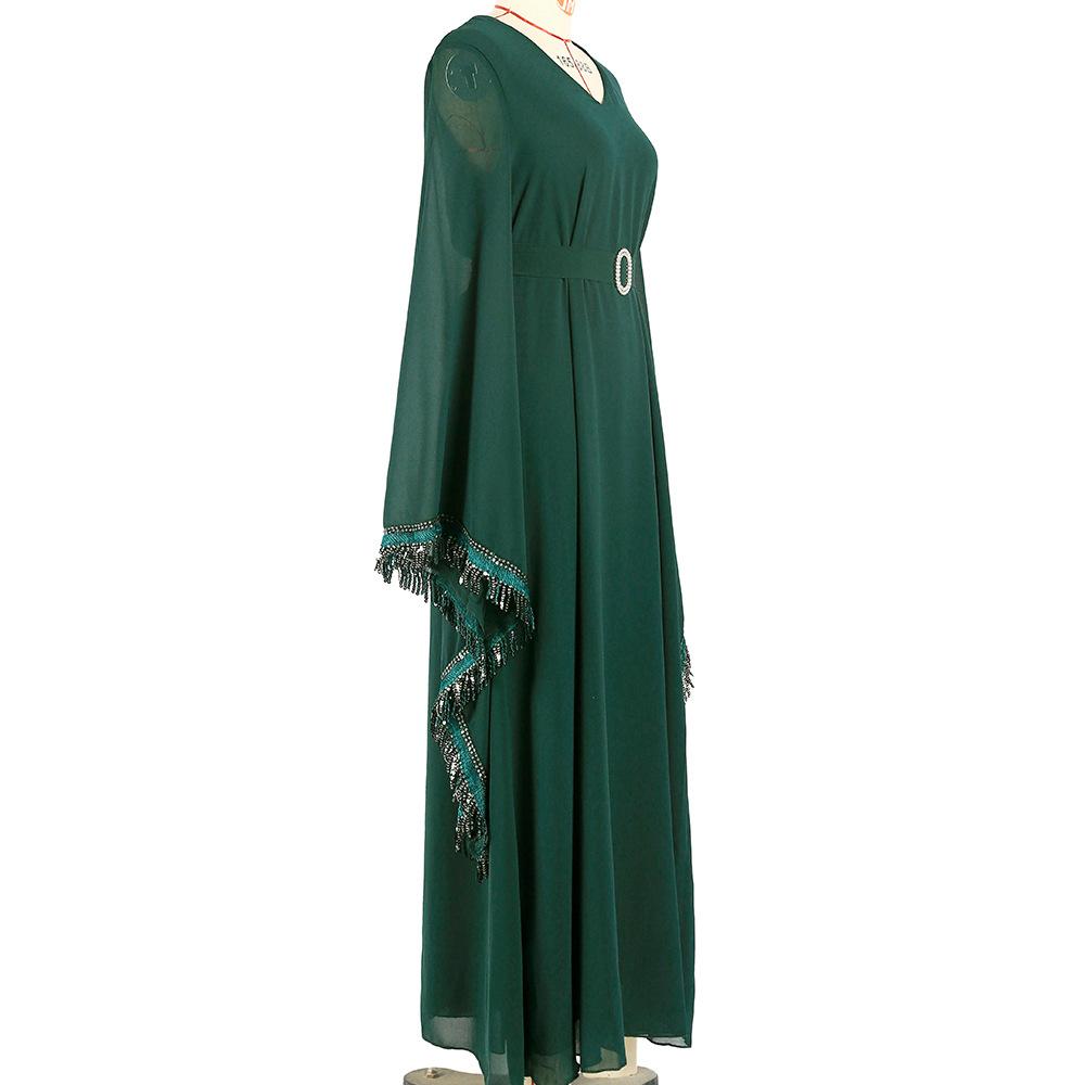 Women's Clothing Dark Green Chiffon Fringe Bell Sleeve Slim Fit Muslim Dress
