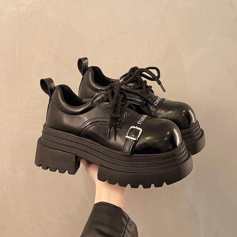 

European station platform big head loafers women s shoes 2025 spring new British style heightening small leather shoes lace-up single shoes 35