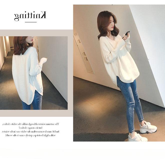 Autumn Winter Women's Sweater Knitwear Loose V-neck Medium-length Knitted Tops Pullover Jumper