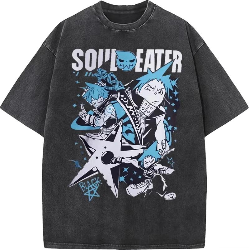 New Japan Anime Soul Eater Black Printing Unisex Women Washed Tshirts Casual Loose Tee Harajuku Unisex Soft Unisexga Retro Tshirt S разноцветный