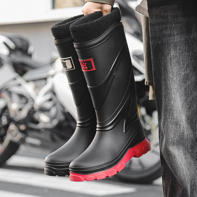High Tube Rain Shoes Men's Non-slip Waterproof Fashion Medium Tube Rain Boots Warm Rubber Shoes Kitchen Work Long Tube Water Shoe Cover Shoes