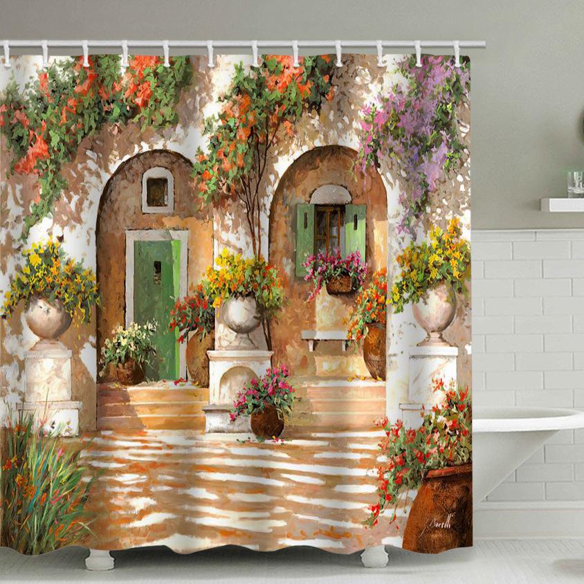 Pattern Landscape Bathroom Shower Curtain Waterproof Hook Bath Accessories Decor