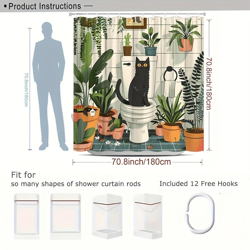 1Pc Greenery Cat Shower Curtain - Floral Pots Cartoon, Polyester, Washable, 12 Hooks, Animal Theme, Modern Bathroom Decor