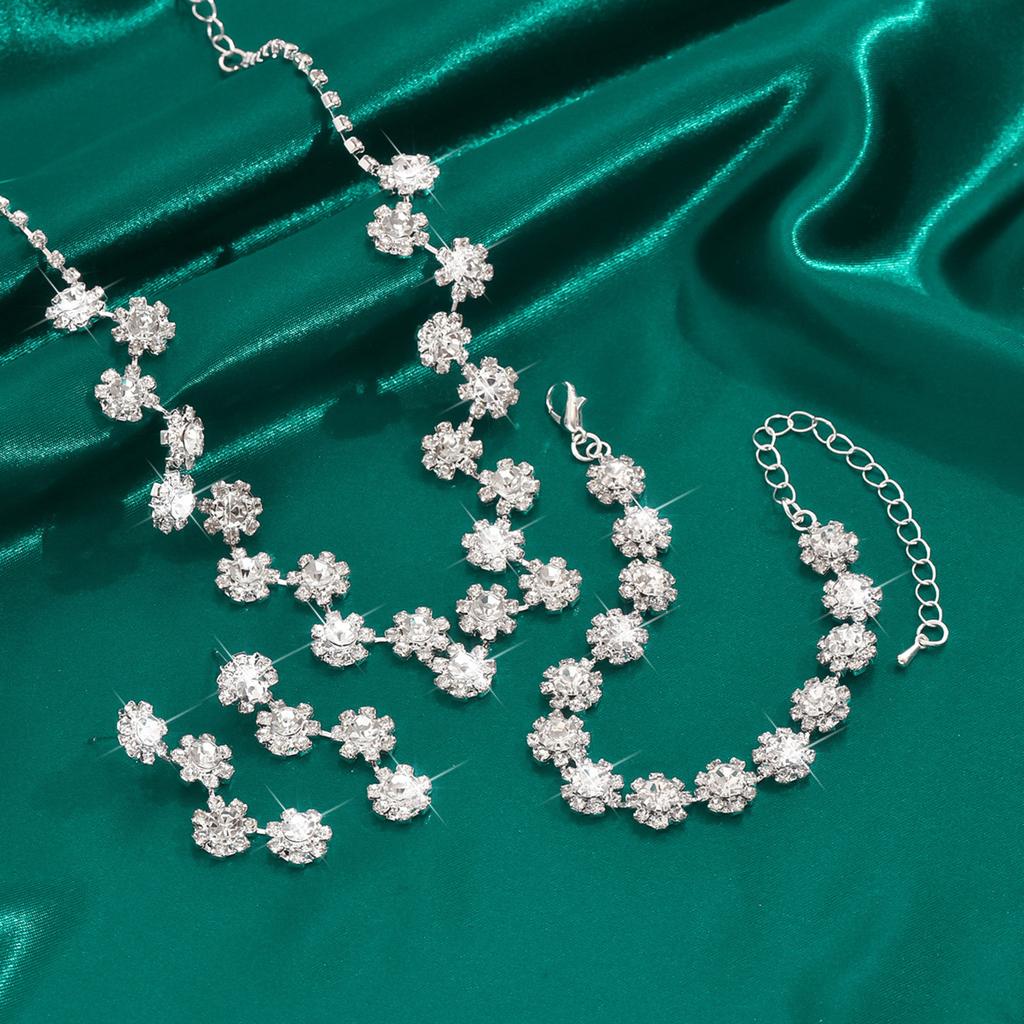 Wedding Bridal Party Ladies Flower Diamond Silver Necklace Earrings Bracelet