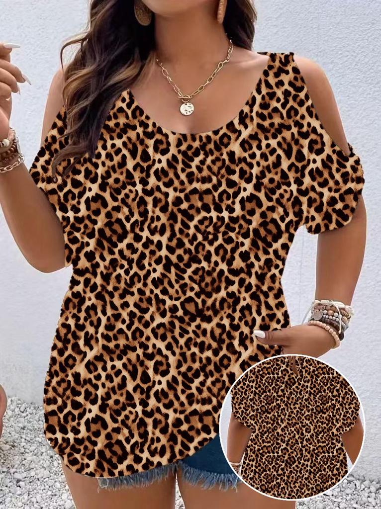 Plus Size Leopard Print Off-Shoulder Short Sleeve Women's Top - Spring/Summer