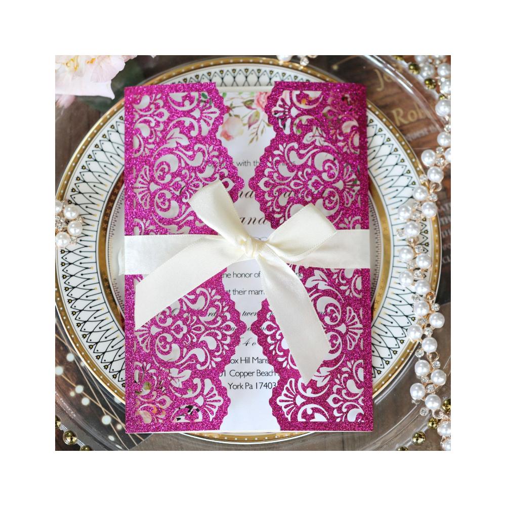 10 Stück Glitzer Einladungskarte mit Band Grußkarten Hochzeit Mariage Einladung Party Taufe Bar Mitzwa Party Dekoration