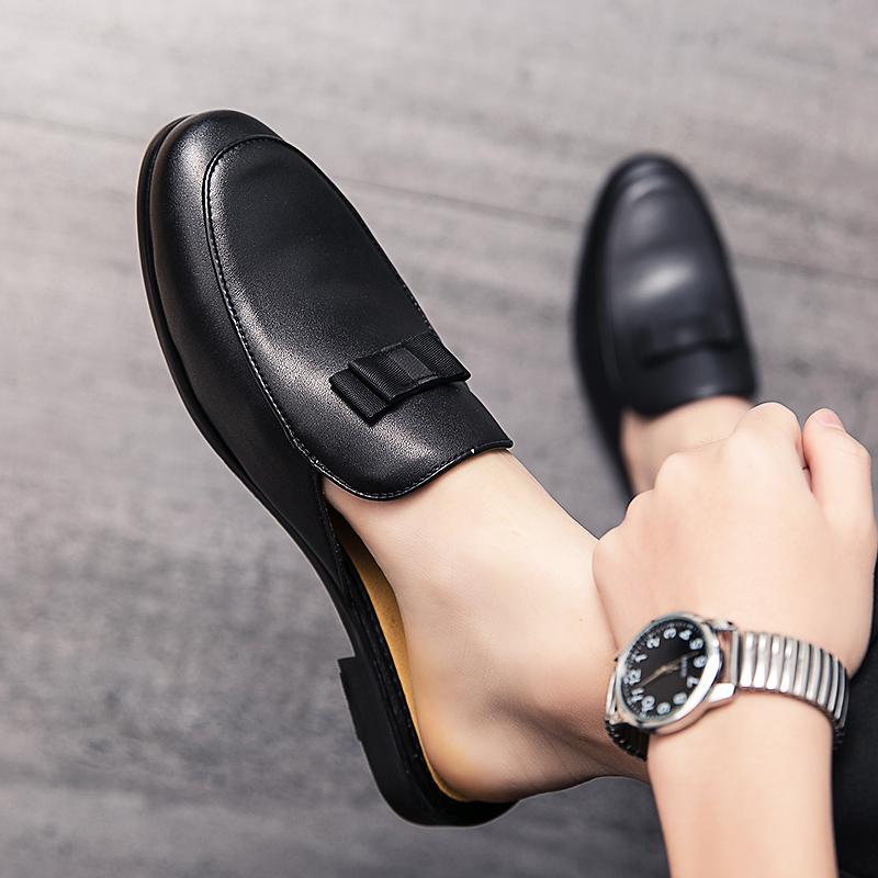 Black Half Shoes For Men Leather Semi-Drag Casual Shoes Luxury Mules Fashion Loafers Slippers Summer Man Slides Slip On Flats