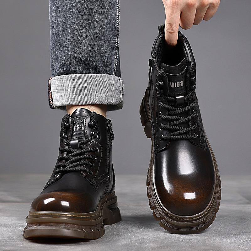 FashionAutumn Winter Leather High-top Platform Men's Boots Designer British Warm Velvet Men Ankle Boots Fashion Retro Male Work Shoes