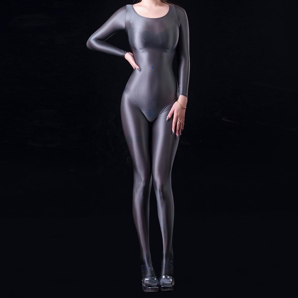 Sexy Women Oil Glossy Shiny Elastic Bodysuit Yoga Shapping Tights Bodycon Rompers Silky Satin Jumpsuits Maid Leotard