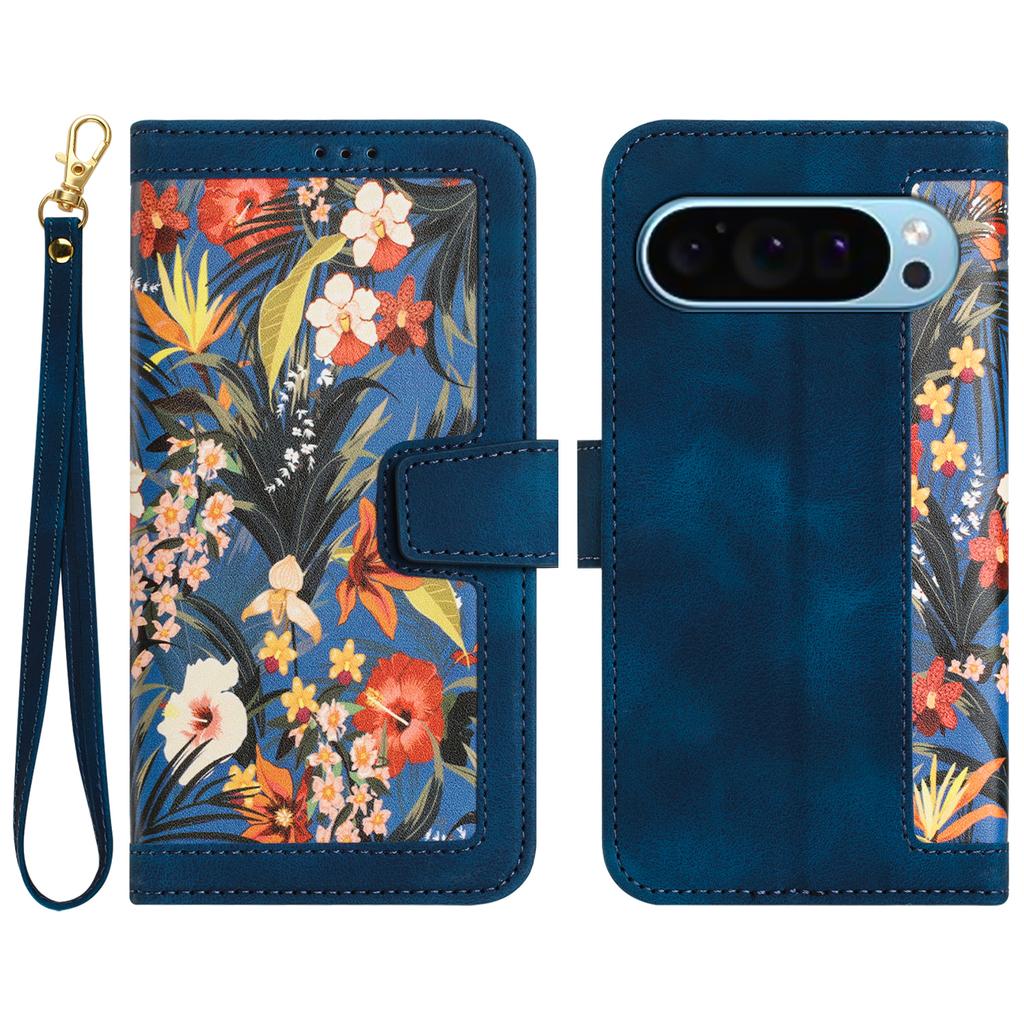 For Google Pixel 9/Pixel 9 Pro Phone Cover Flower Pattern PU Leather Case with Card Holder and Stand
