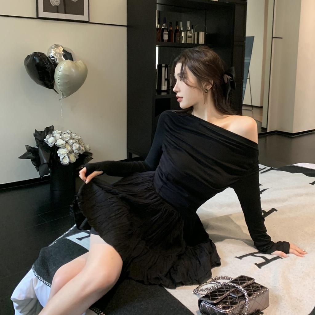 Čistě sexy šaty na jedno rameno jarní nové francouzské černé nafouklá sukně střihu do áčka elegantní narozeninové šaty