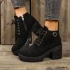 Fashion Women's Chunky Heeled Ankle Boots Metal Decoration Side Zipper High Heeled Booties Woman Fashion Lace Up Platform Short Boots