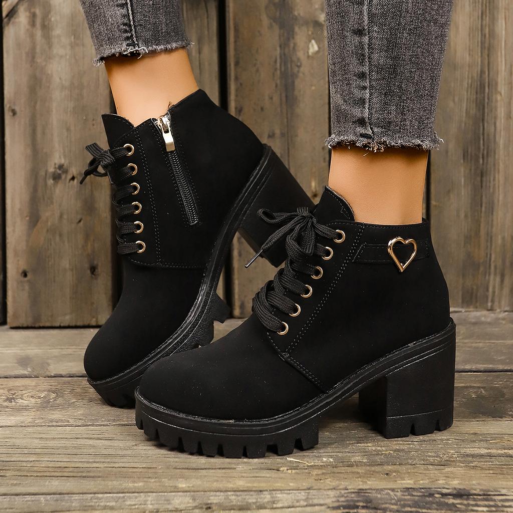 Fashion Women's Chunky Heeled Ankle Boots Metal Decoration Side Zipper High Heeled Booties Woman Fashion Lace Up Platform Short Boots