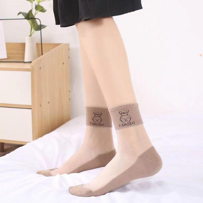 5/10 Pairs Summer Mesh Silk Socks Women Thin Casual Transparent Cute Bear Series Kawaii Mori Girl Ultrathin Glass Silk Sheer Socks