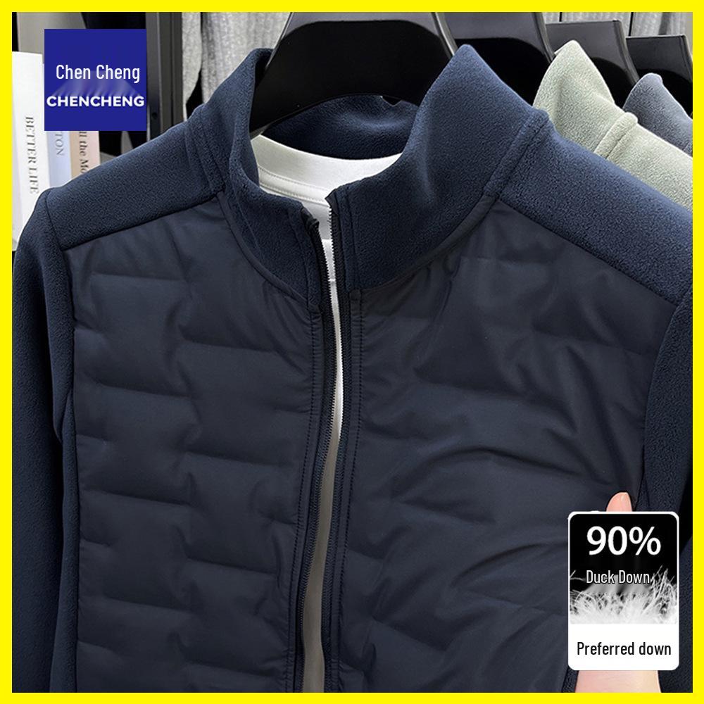 Men's Lightweight Winter Duck Down Jacket with Stand Collar and Warm Fleece