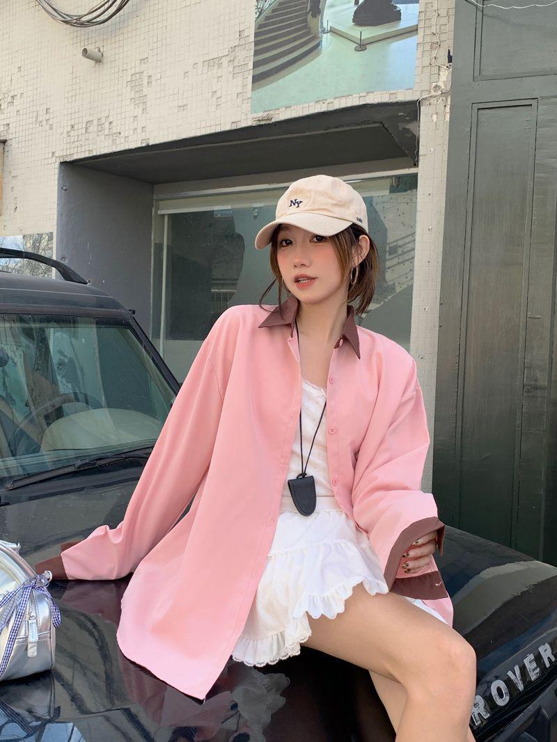 

Корейский шик Женская рубашка-куртка с длинным рукавом и цветными блоками - Розовый воротник поло, Свободный крой, Новый дизайн Весна/Осень. M розовый