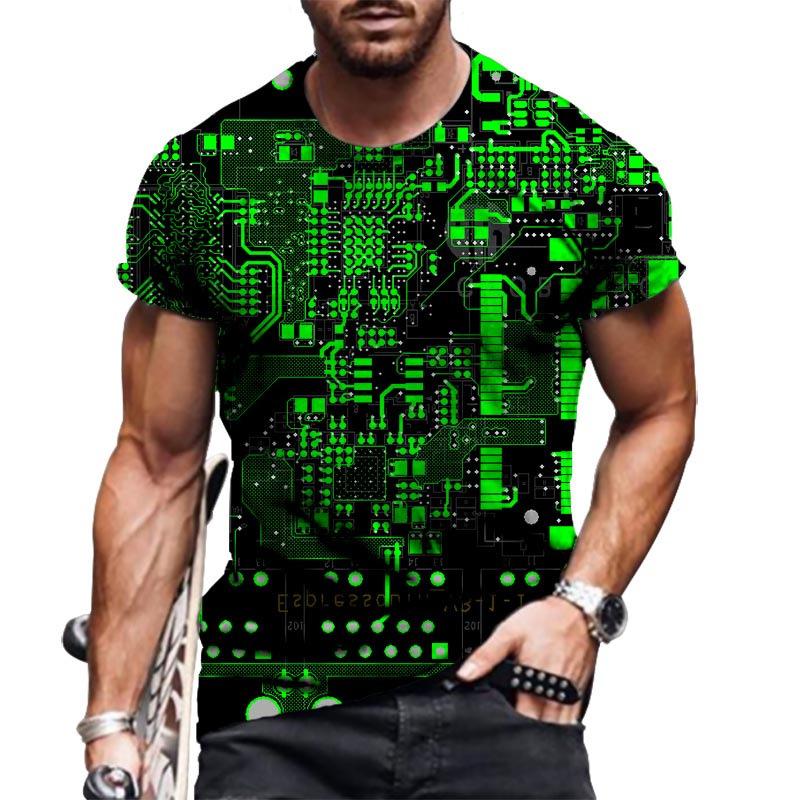 Summer Round Neck 3D Circuit Board Print T-shirts Fashionable Casual Short Sleeved Men's T-shirts
