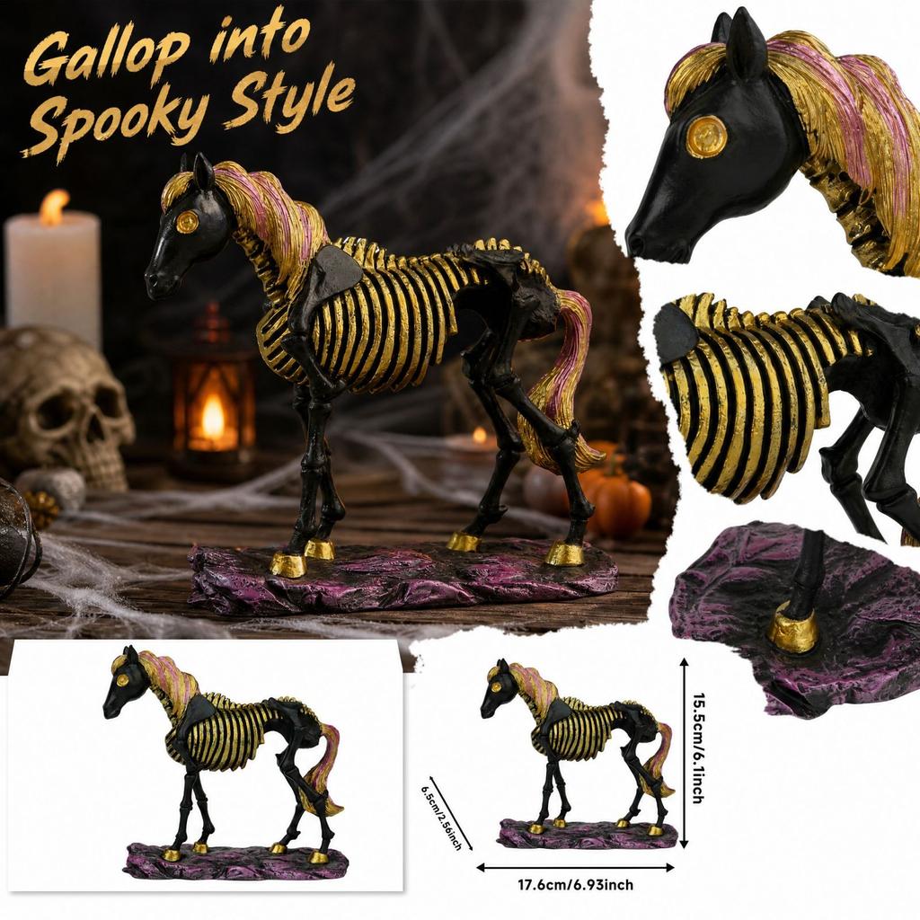Halloween Skeleton Horse Resin Figurine Statue with for Shelf, Table and Mantel Decor