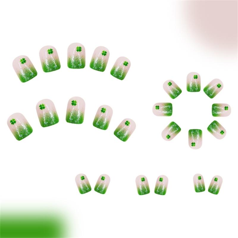 24 Pieces Irish Themed Short False Nail with Green Shamrock Designs Full Cover Acrylic Nail Manicure for Patrick's Day