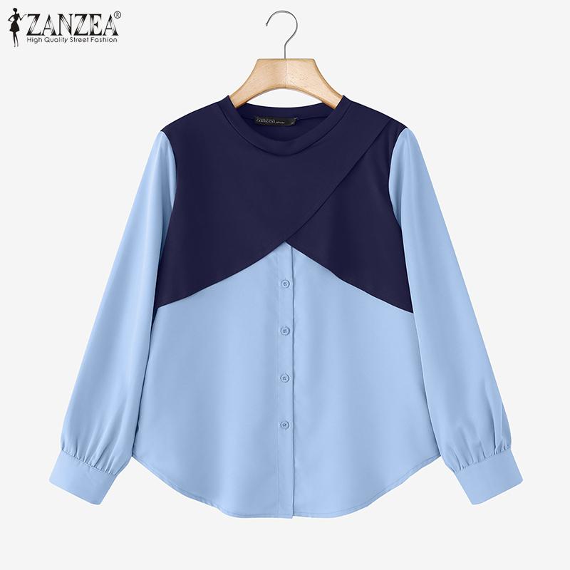 ZANZEA Women Casual Round Neck Long Sleeve Patchwork Blouse
