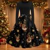 Women's Casual Slim Fit Long Sleeve Round Neck Flared Dress with Christmas Print