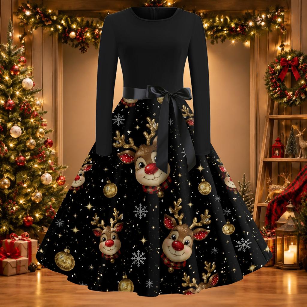 Women's Casual Slim Fit Long Sleeve Round Neck Flared Dress with Christmas Print