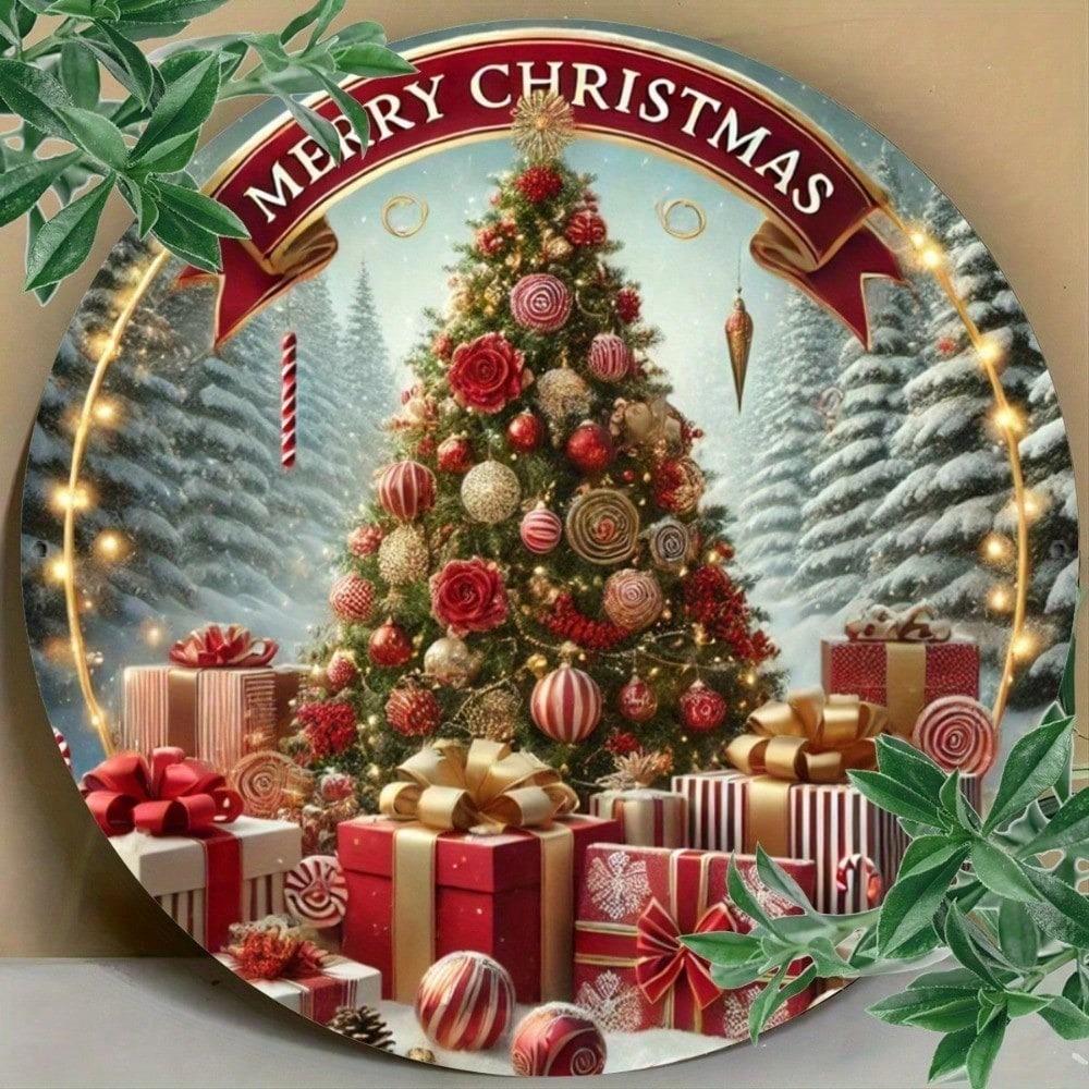 Vintage Christmas Tree Metal Wall Art Rustic Round Tin Sign Home Bar Decor