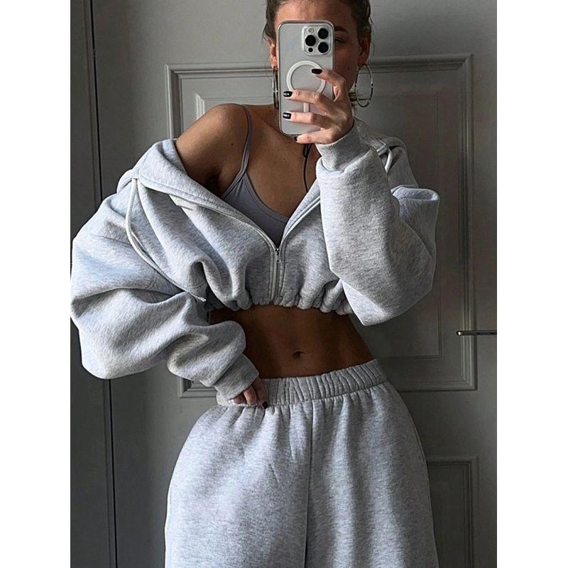 Western Style Fashion Casual Loose Hood Short Jacket Trousers Set Hooded Top and Pants Set