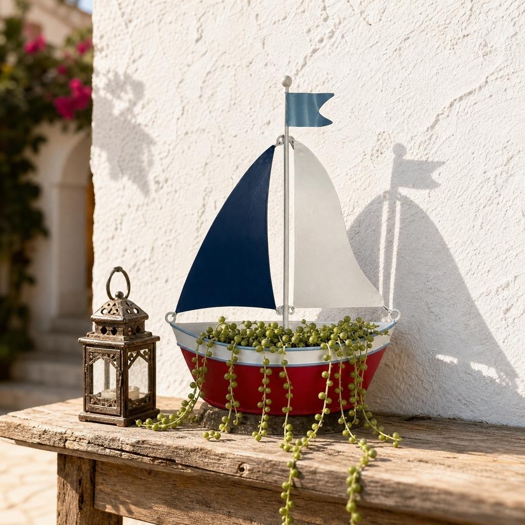 Decorative Sailboat Shaped Planter Outdoor Wall Mounted Flower Pot Holder for Succulent Plants and Home Garden Decoration