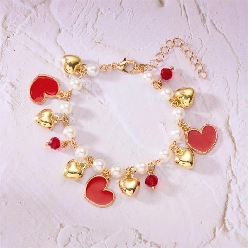 Hypoallergenic Stainless Steel Women's Bracelet with Cherry Strawberry Heart Pearl Chain - Gift Party Bangle Accessory for Girls