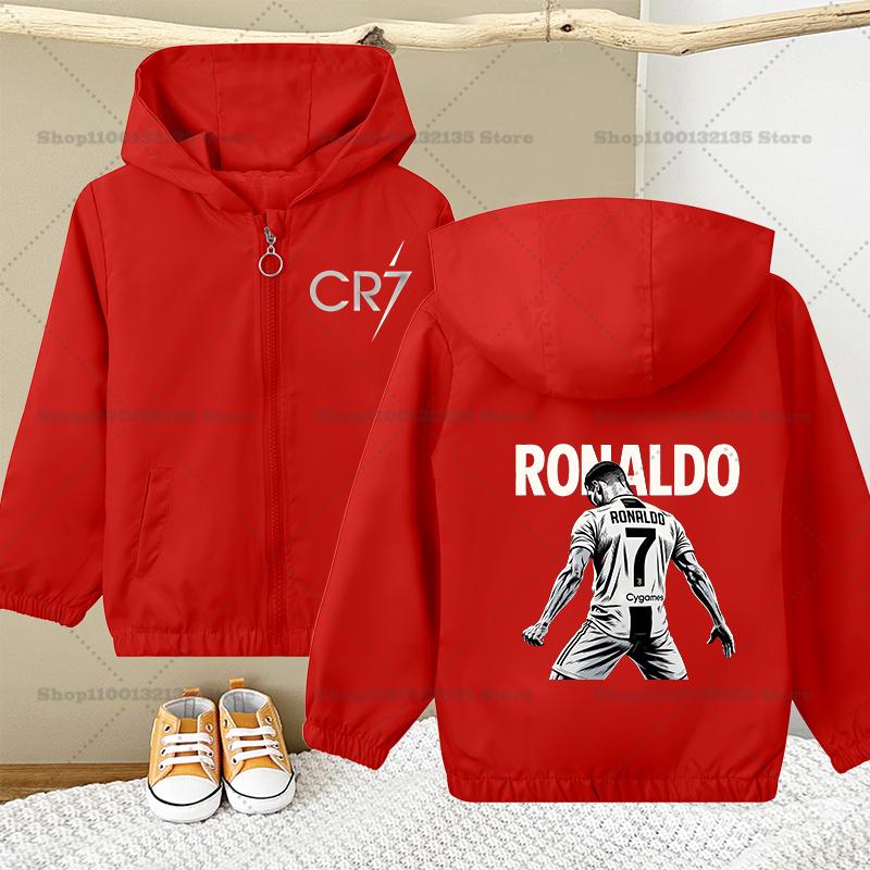 Fußballstar Ronaldos Kinder Hoodie Jacke Mäntel Baby Mädchen Junge Cartoon CR7 Langarm Reißverschluss Windjacke Kinder Wasserdichte Oberbekleidung 130 red