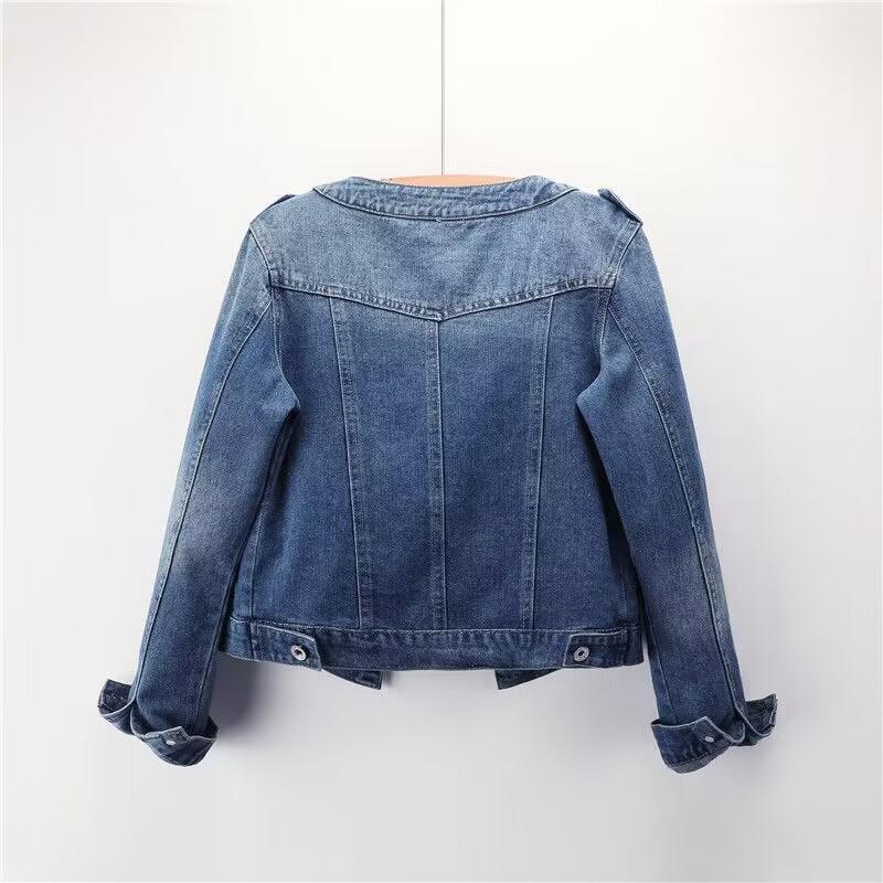Women's Plus Size Round Neck Jacket Casual Short Tops Denim Jacket
