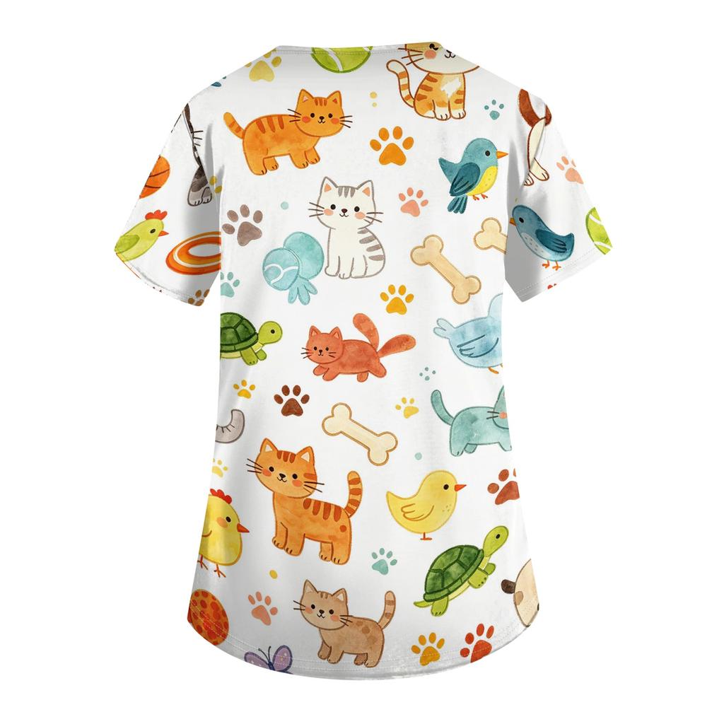 Women V Neck Short Sleeve Work Shirt with Pockets Animal Print Top for Healthcare Professionals Nurses Veterinary Staff